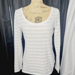 Express White Semi Sheer Striped Scoop Neck Long Sleeve Shirt Medium